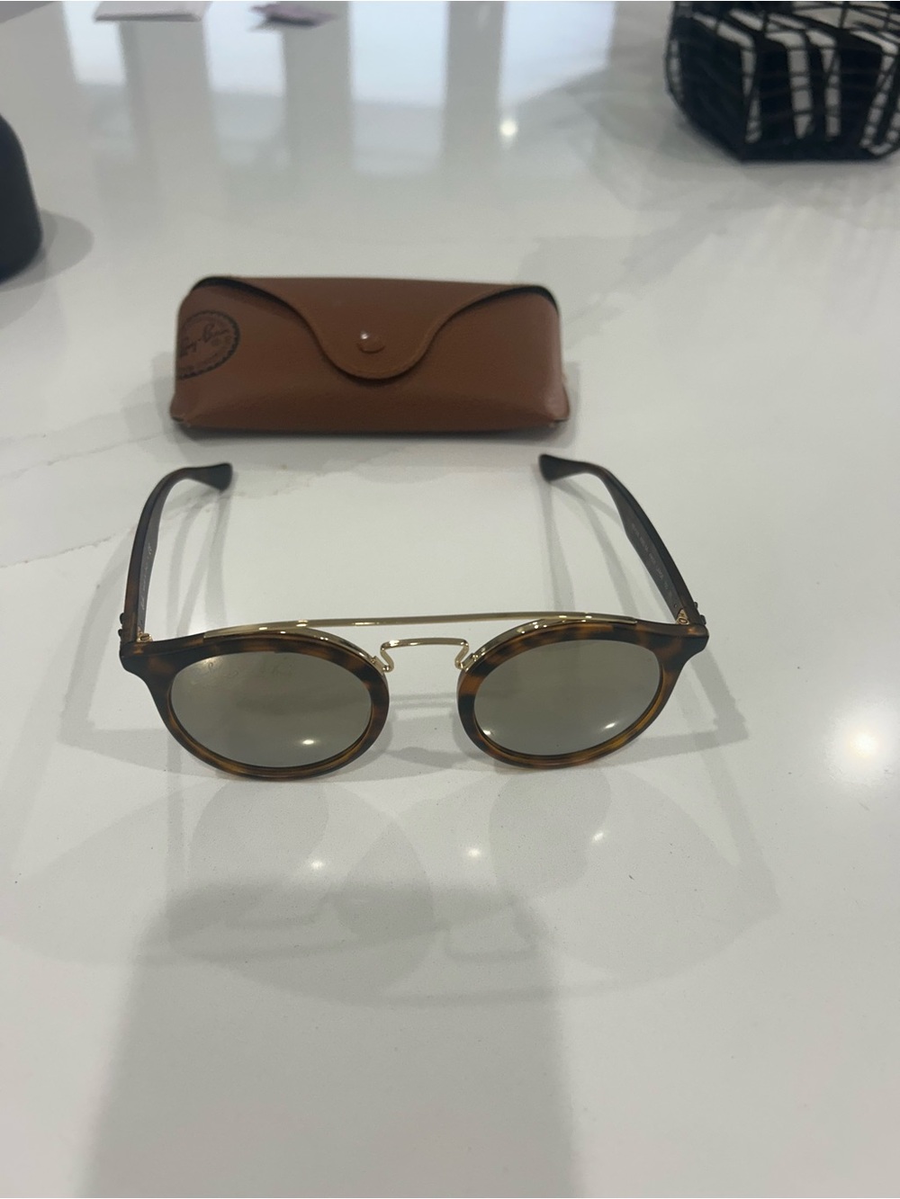 Ray-Ban Round Tortoiseshell Frame Sunglasses with Gold Bridge